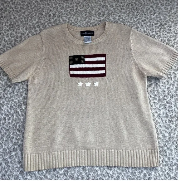 Americana American Flag Short Sleeve Knit Sweater Beige Crew Neck Grandmacore - Picture 10 of 12